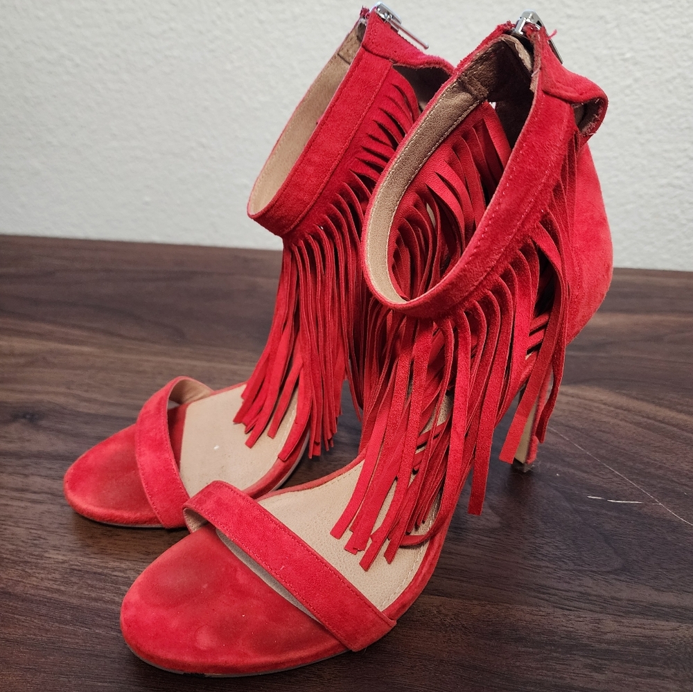 Steve Madden Staarz Red Fringe Ankle Strap Sandal Pumps